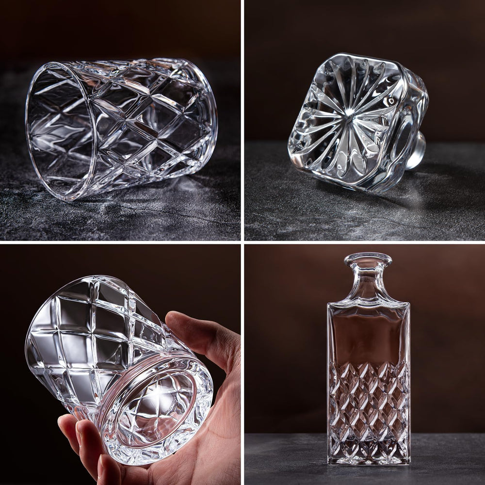 LIGHTEN LIFE carafe versant du whisky illustrant un service propre et élégant