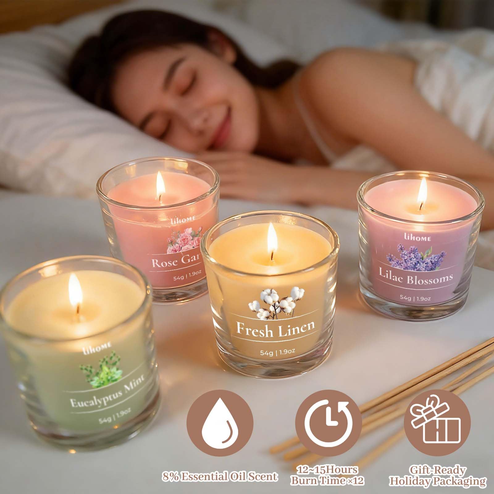 Lihome bougie allumée dans une chambre créant une ambiance relaxante