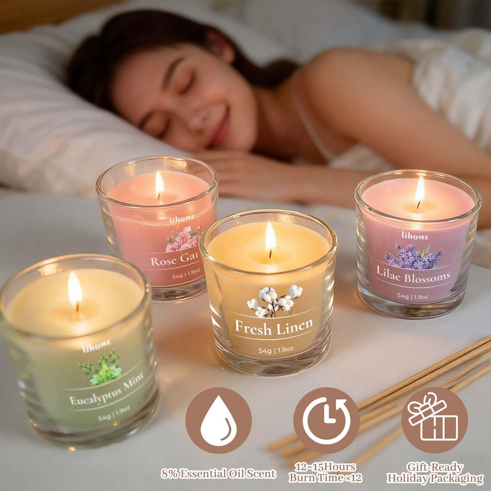 Lihome bougie allumée dans une chambre créant une ambiance relaxante