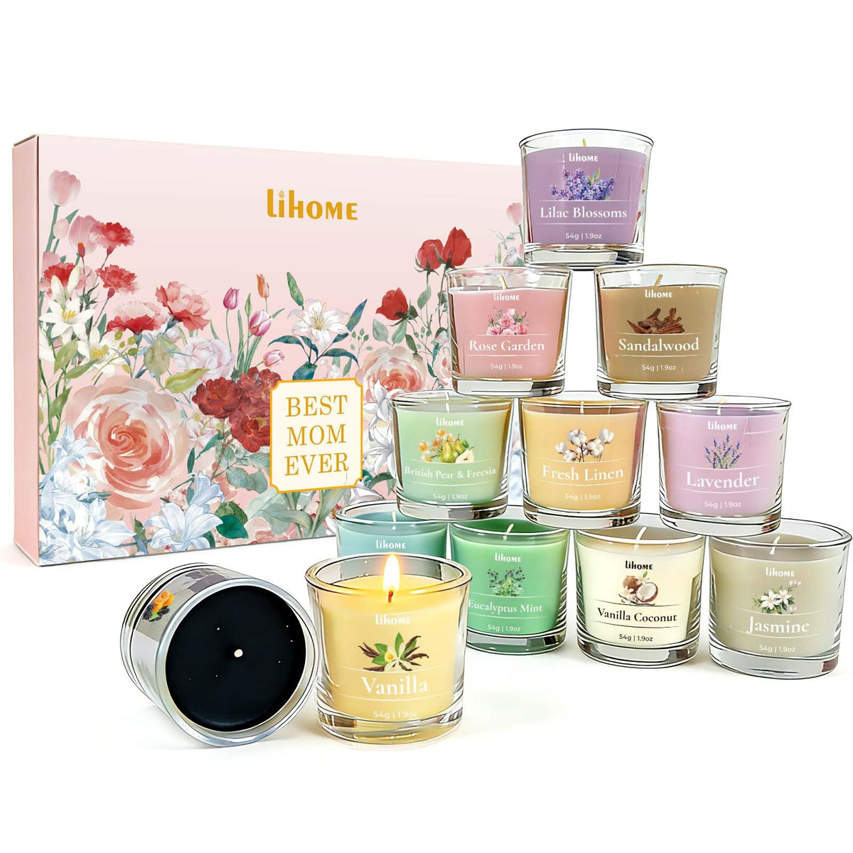 Lihome coffret 12 bougies face présentant l’emballage élégant et prêt à offrir