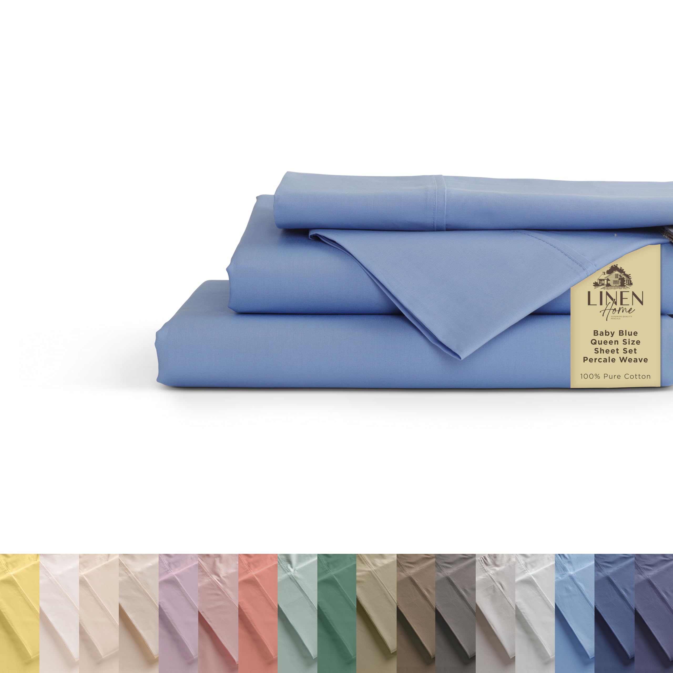 Linen Home vue avant de l'ensemble 4 pièces bleu bébé montrant un lit soigné et accueillant