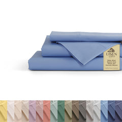 Linen Home vue avant de l'ensemble 4 pièces bleu bébé montrant un lit soigné et accueillant