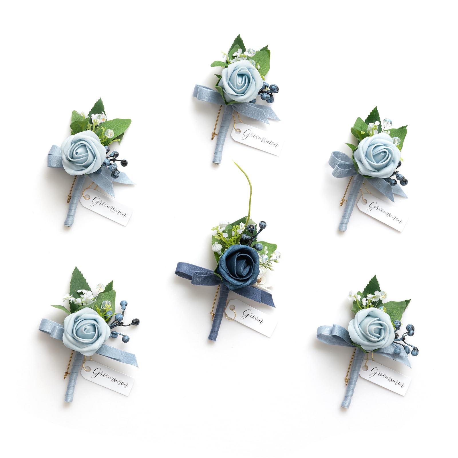 Ling's Moment ensemble de 6 boutonnières Dusty Blue, look coordonné