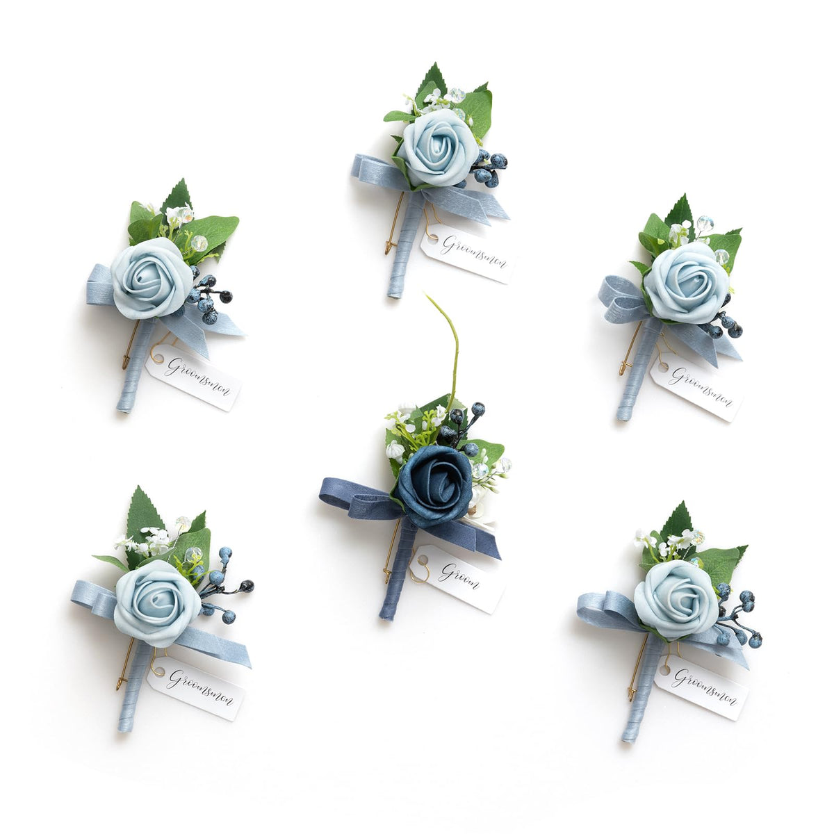 Ling's Moment ensemble de 6 boutonnières Dusty Blue, look coordonné