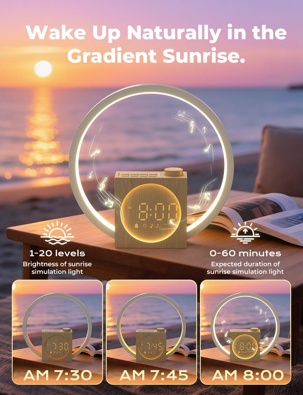LIORQUE profil du réveil avec lampe allumée, simulation d'aube douce pour un réveil progressif