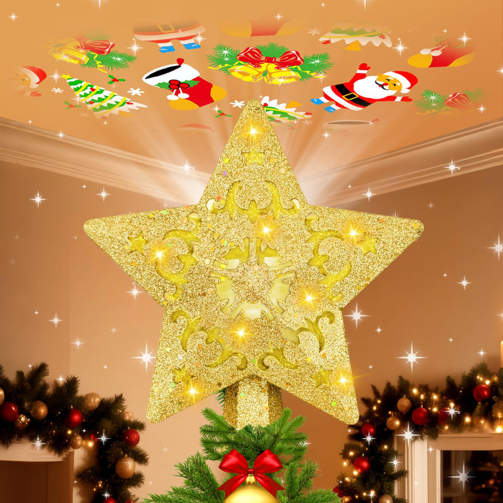 LLIBTYT étoile de sapin face montrant design 3D et éclat doré pour déco festive