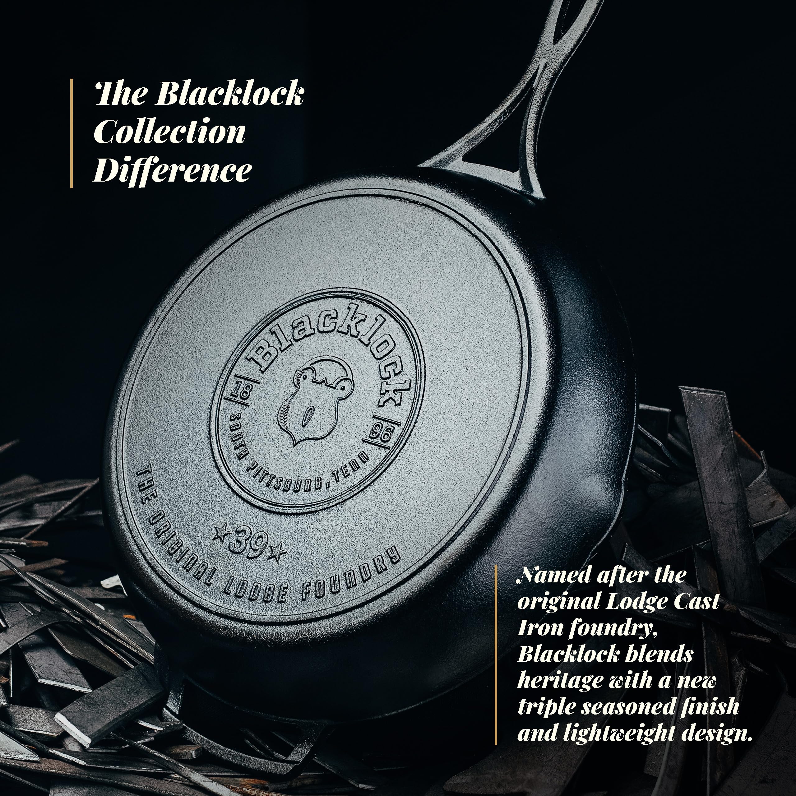 Lodge Blacklock à côté d'une assiette pour comparer la taille utile de cuisson