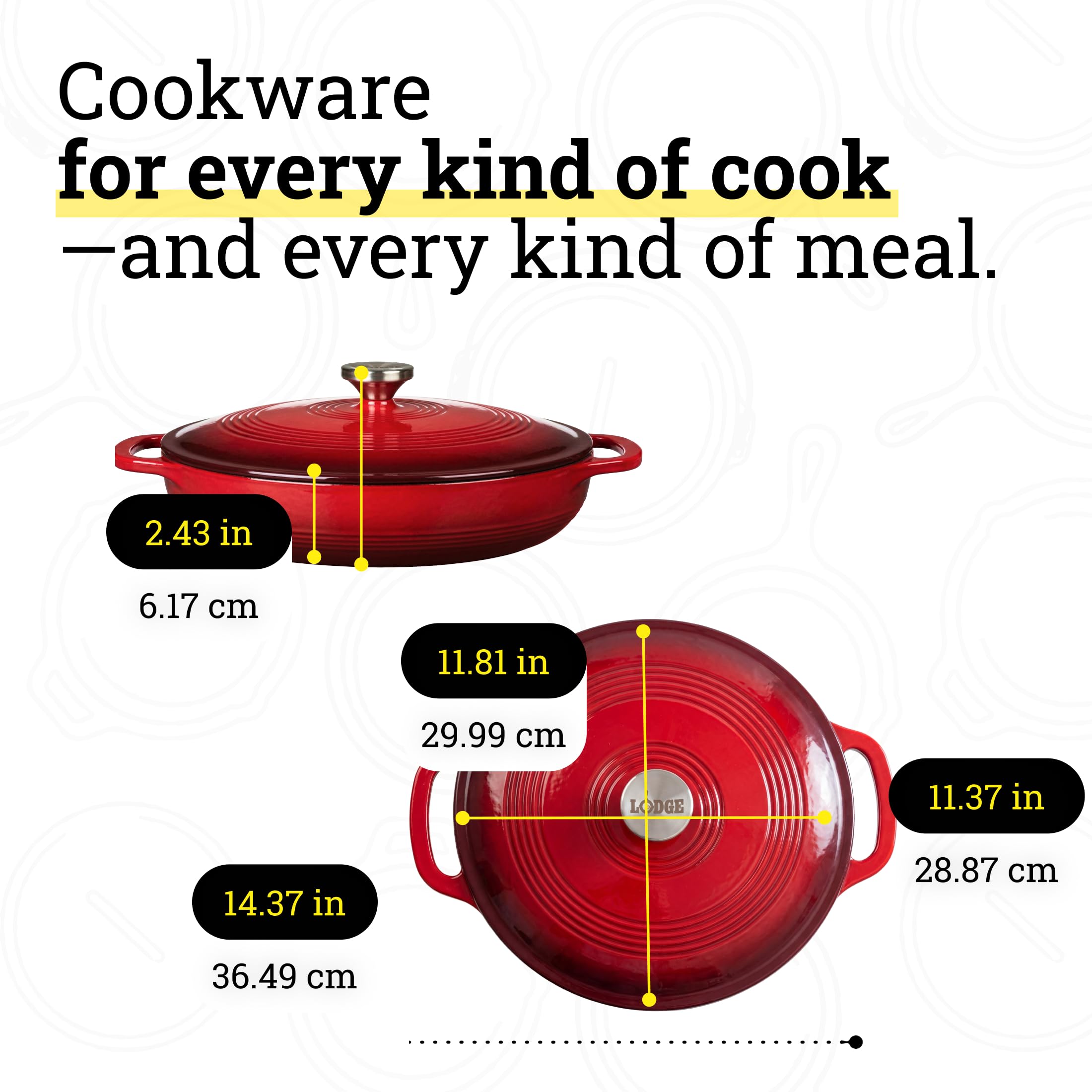 Comparaison d'échelle Lodge montrant capacité 3,6 qt pour portions familiales