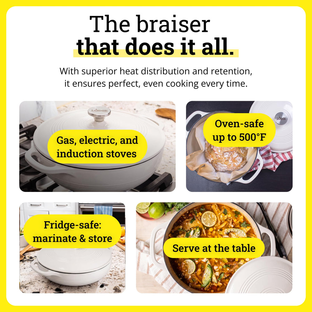 Lodge braiser posé sur table, prêt à servir convivial