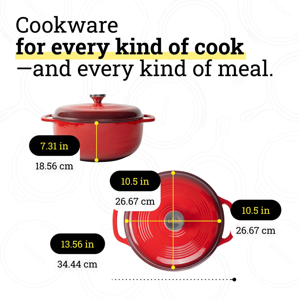Lodge cocotte à l’échelle près d’une louche, visualise la capacité familiale