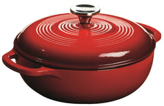 Lodge cocotte en fonte émaillée Island Spice Red vue avant, finition brillante et cuisson uniforme