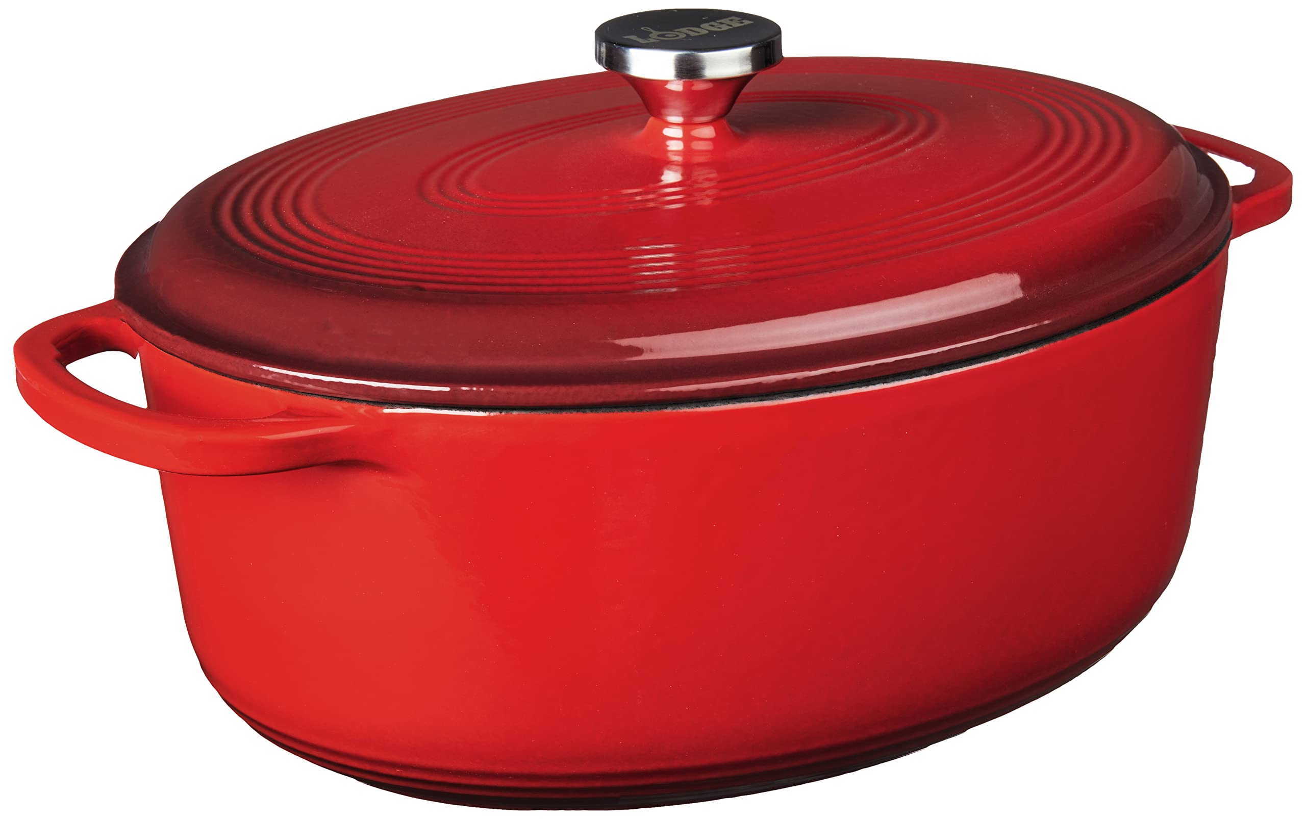 Lodge cocotte ovale 7 qt rouge vue de face montrant design élégant et compatibilité table