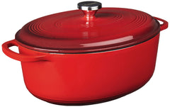Lodge cocotte ovale 7 qt rouge vue de face montrant design élégant et compatibilité table