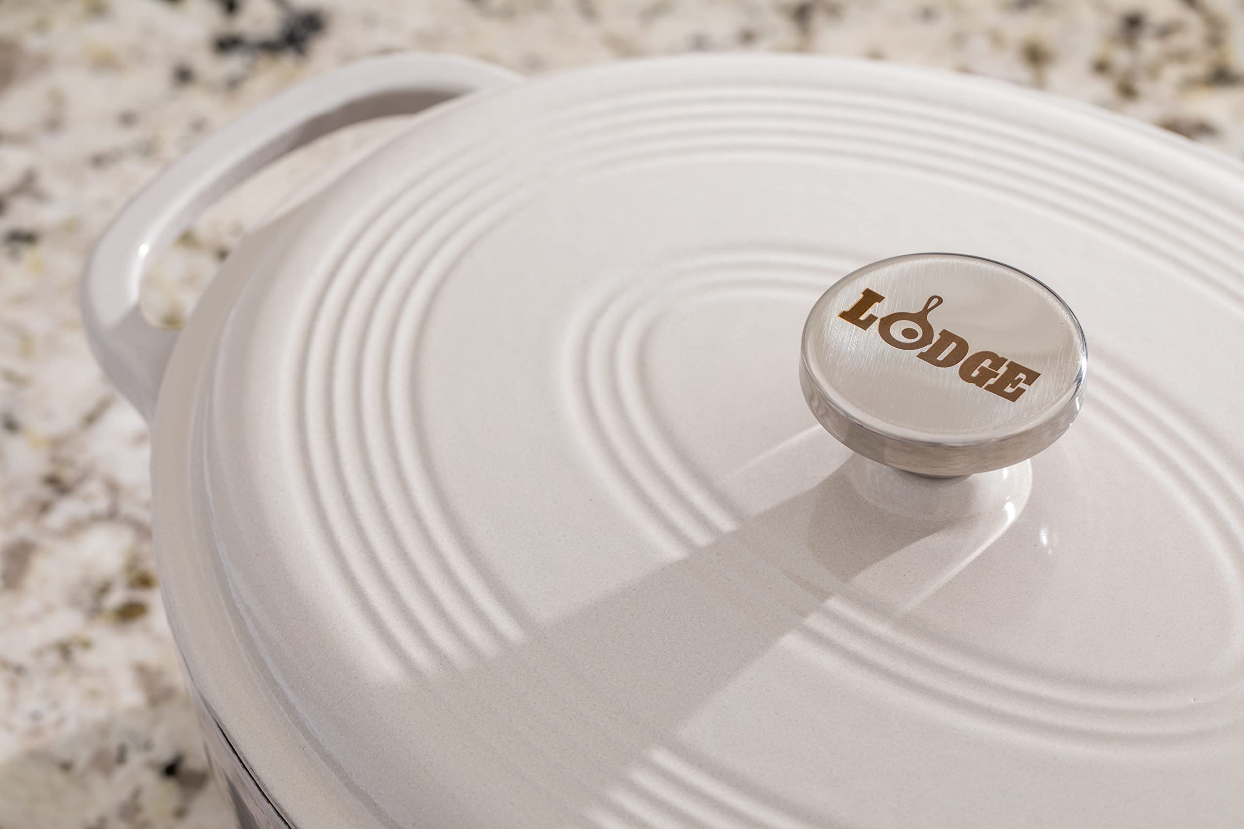 Lodge cocotte comparée à une assiette montrant l’échelle et la grande capacité