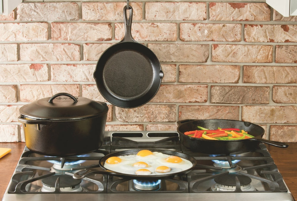 Lodge poêle comparaison taille à côté d'assiette pour visualiser capacité