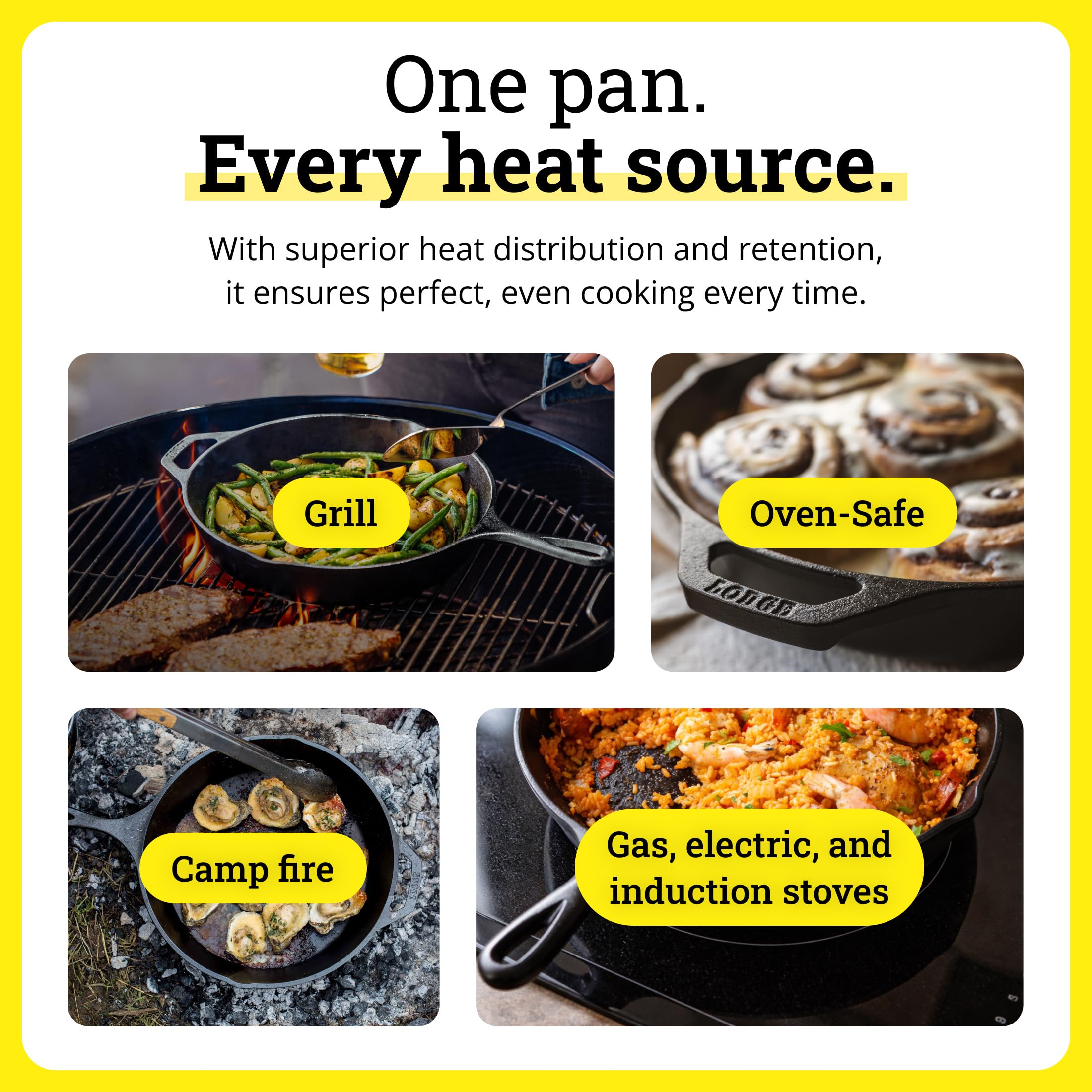 Lodge poêle en usage sur cuisinière montrant saisie uniforme et rétention chaleur