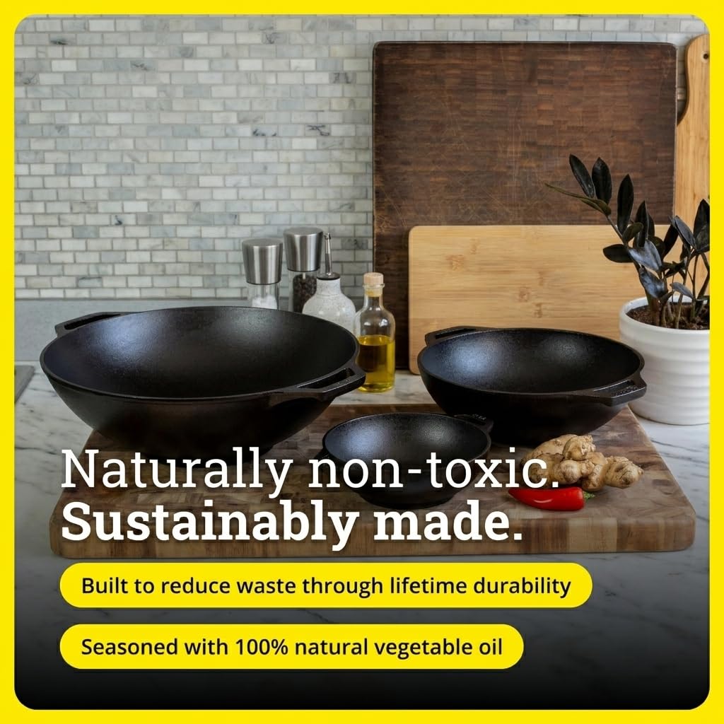 Lodge wok base plate sur plaque montrant stabilité et compatibilité