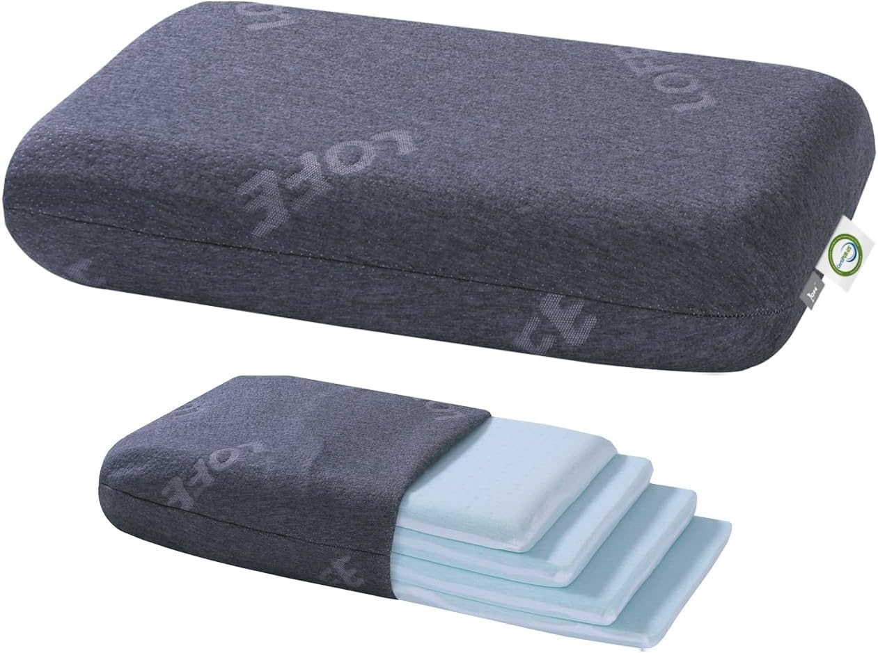 LOFE vue avant de l'oreiller avec emballage montrant la taille et le design pratique