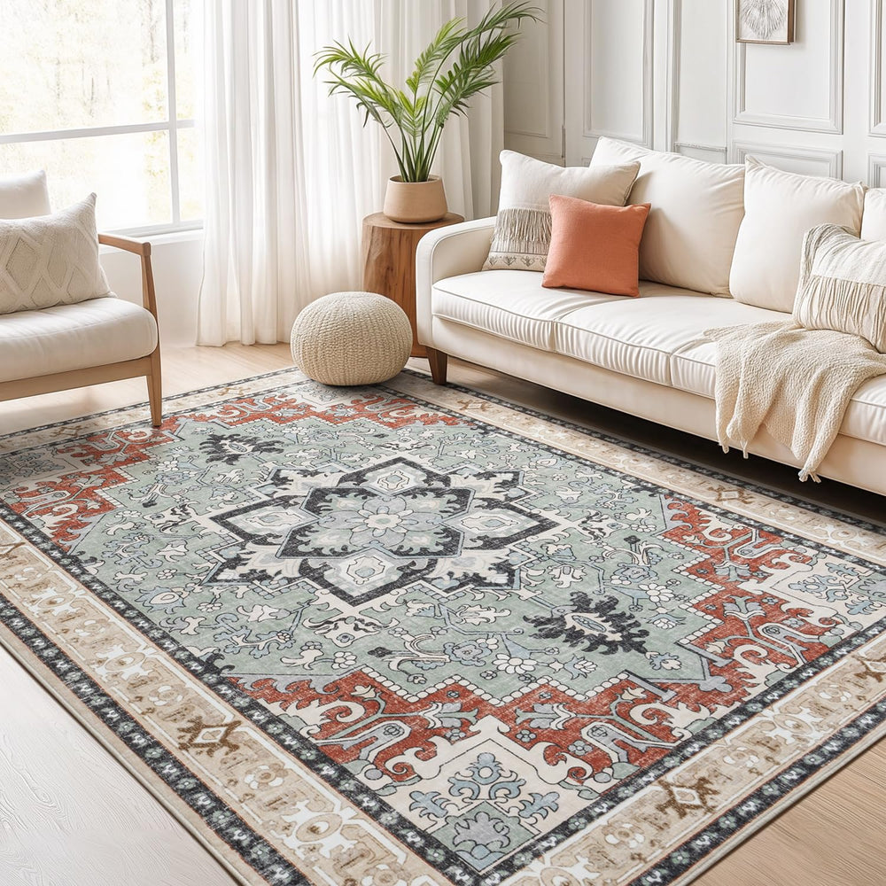 Tapis Lofus face avant beige montrant motif floral vintage et ambiance chaleureuse