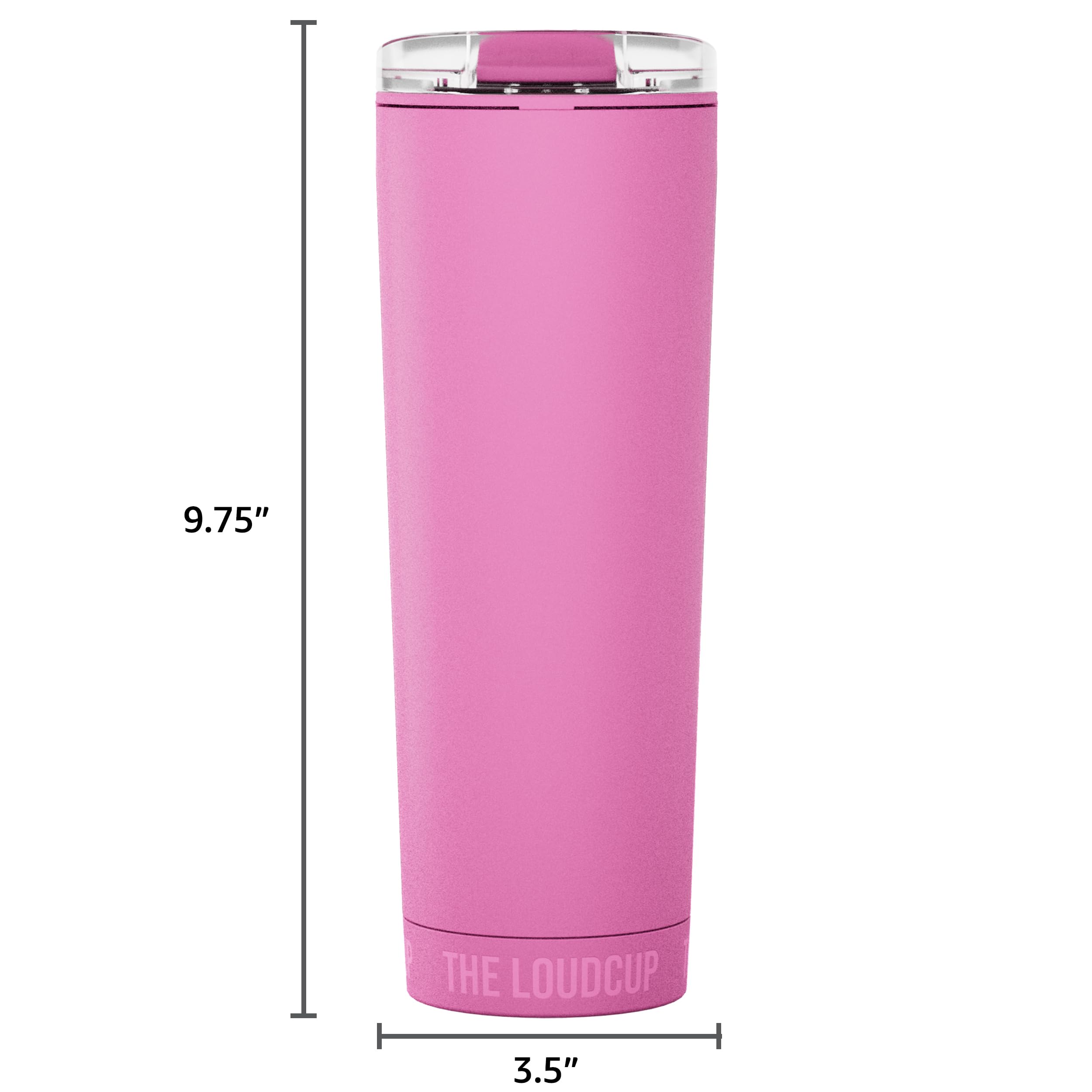 LoudCup comparaison d'échelle à côté d'une bouteille montrant capacité 23 oz LoudCup