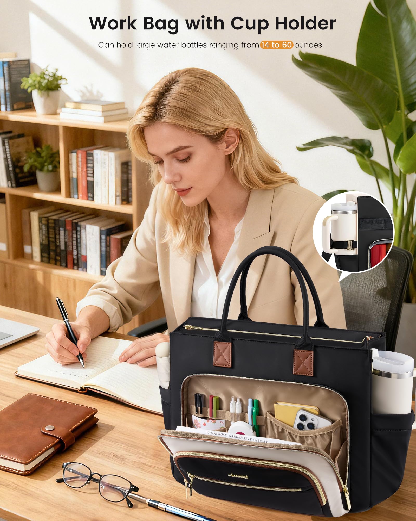 LOVEVOOK vues des poches extérieures illustrant rangement pour accessoires et stylos