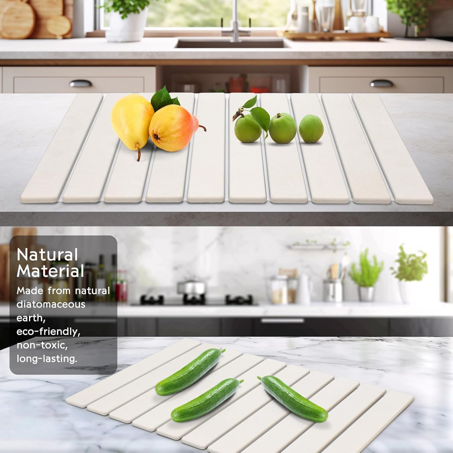 Lprmnnc tapis avec vaisselle dessus démontrant séchage rapide et comptoir sans traces