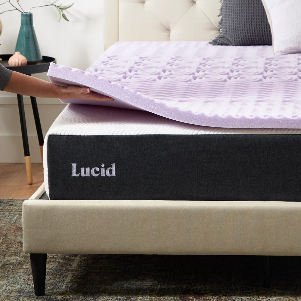 LUCID surmatelas à côté d'une règle pour l'épaisseur, visualise profil 2 pouces