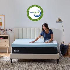 Lucid surmatelas mis en place sur lit illustrant installation facile et confort immédiat