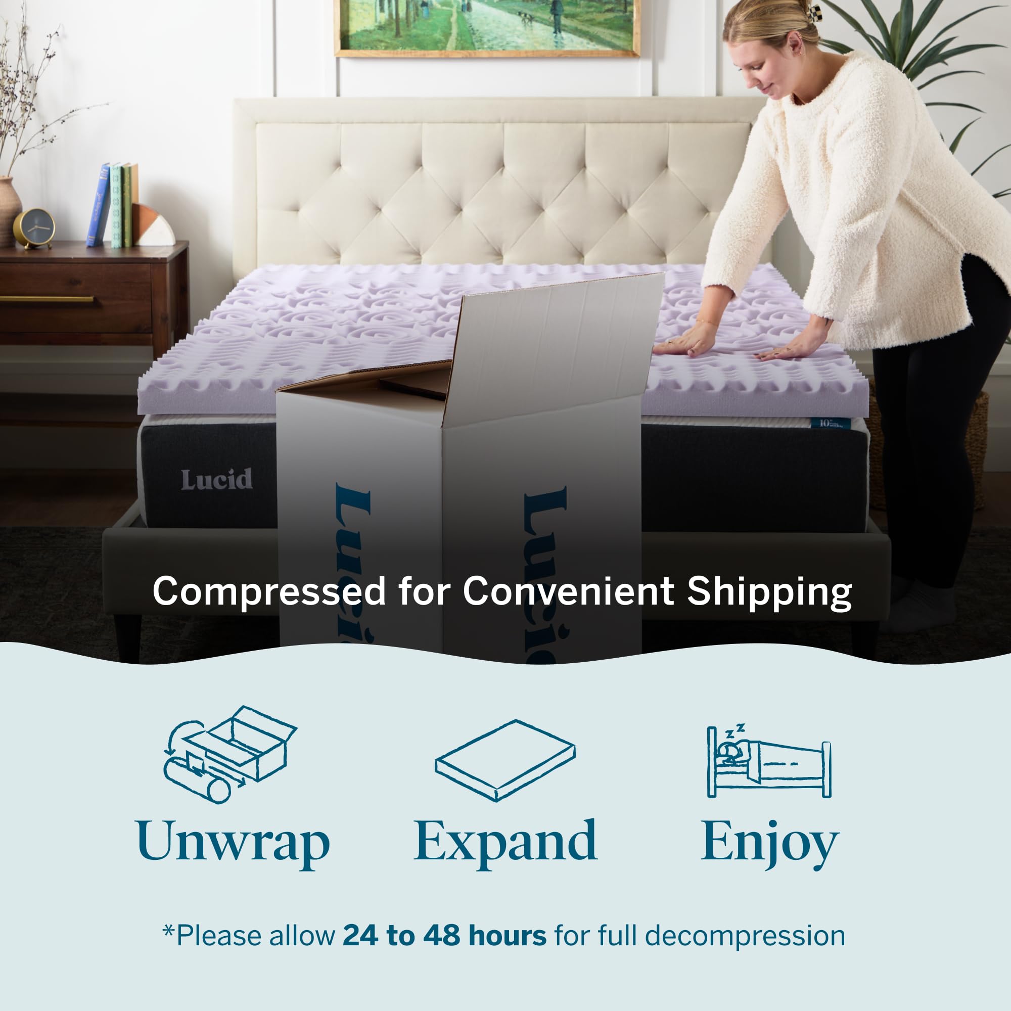 LUCID surmatelas déployé sur matelas, amélioration visible du soutien et confort