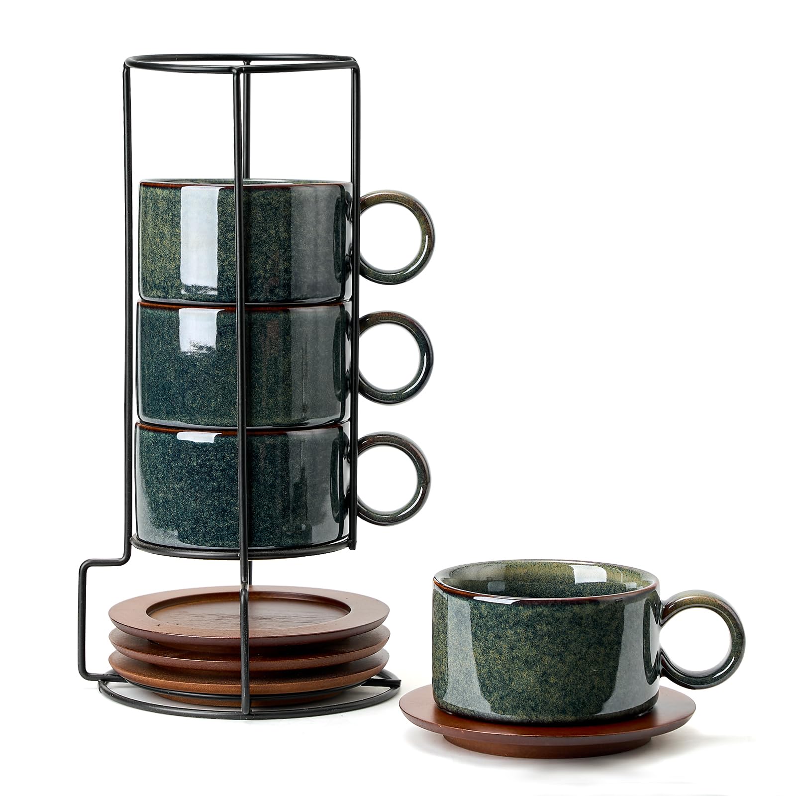 LUKA ensemble complet face montrant tasses, soucoupes et support pour rangement élégant