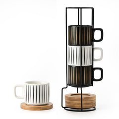 LUKA tasse espresso et soucoupes vue de face, design épuré et gain de place