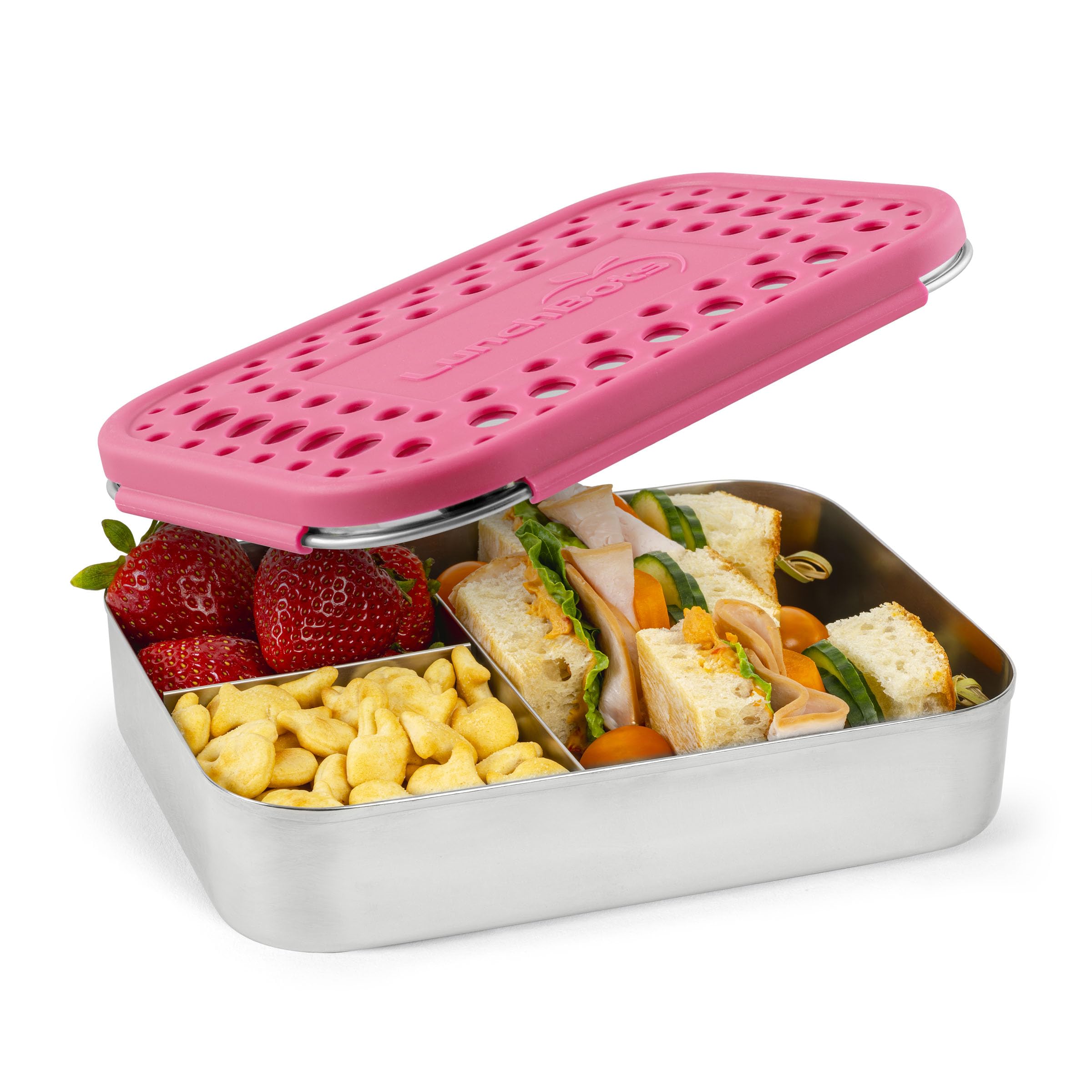 LunchBots boîte avant rose montrant compartiments et couvercle pratique