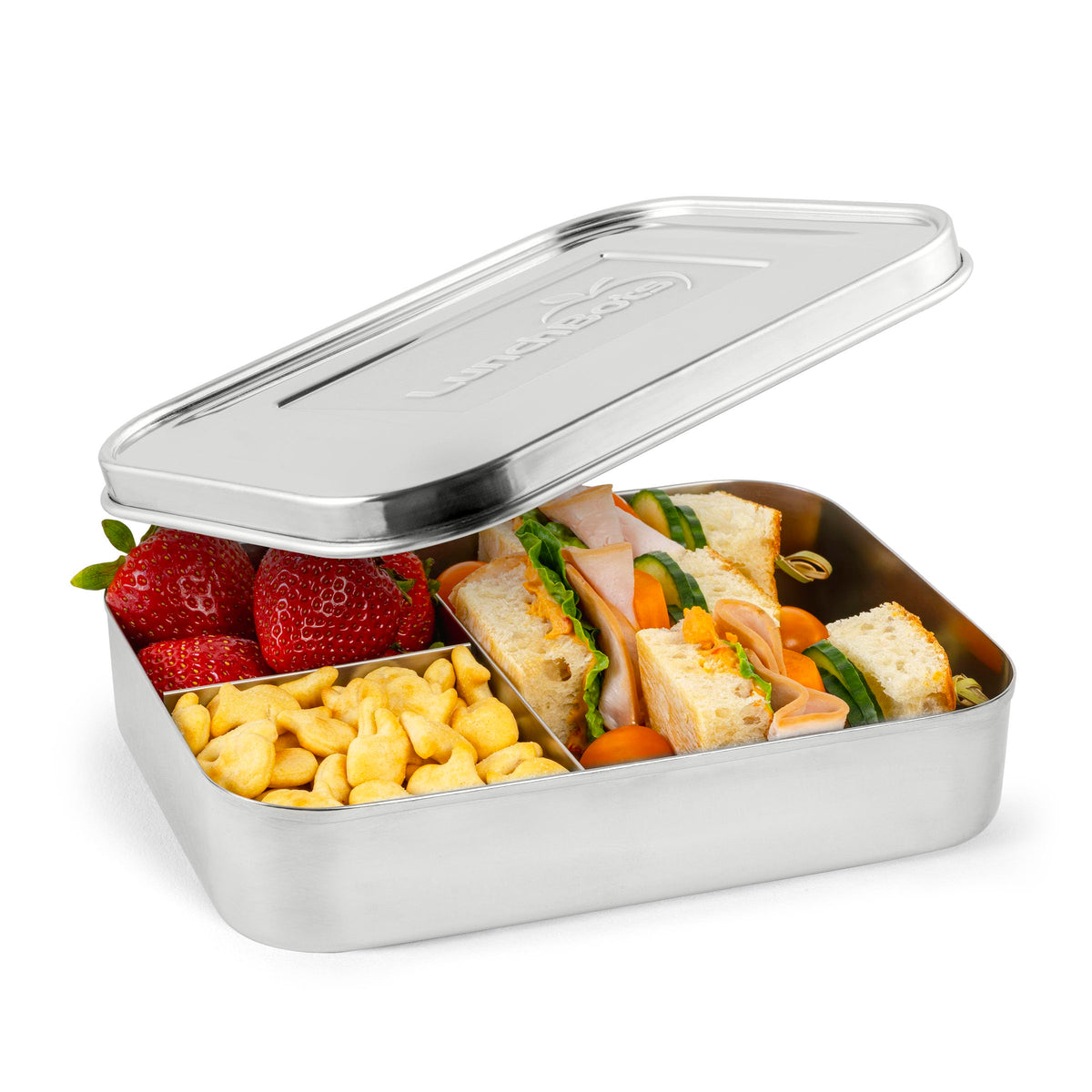 LunchBots bento face ouverte montrant trois compartiments, organisation pratique