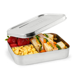 LunchBots bento face ouverte montrant trois compartiments, organisation pratique