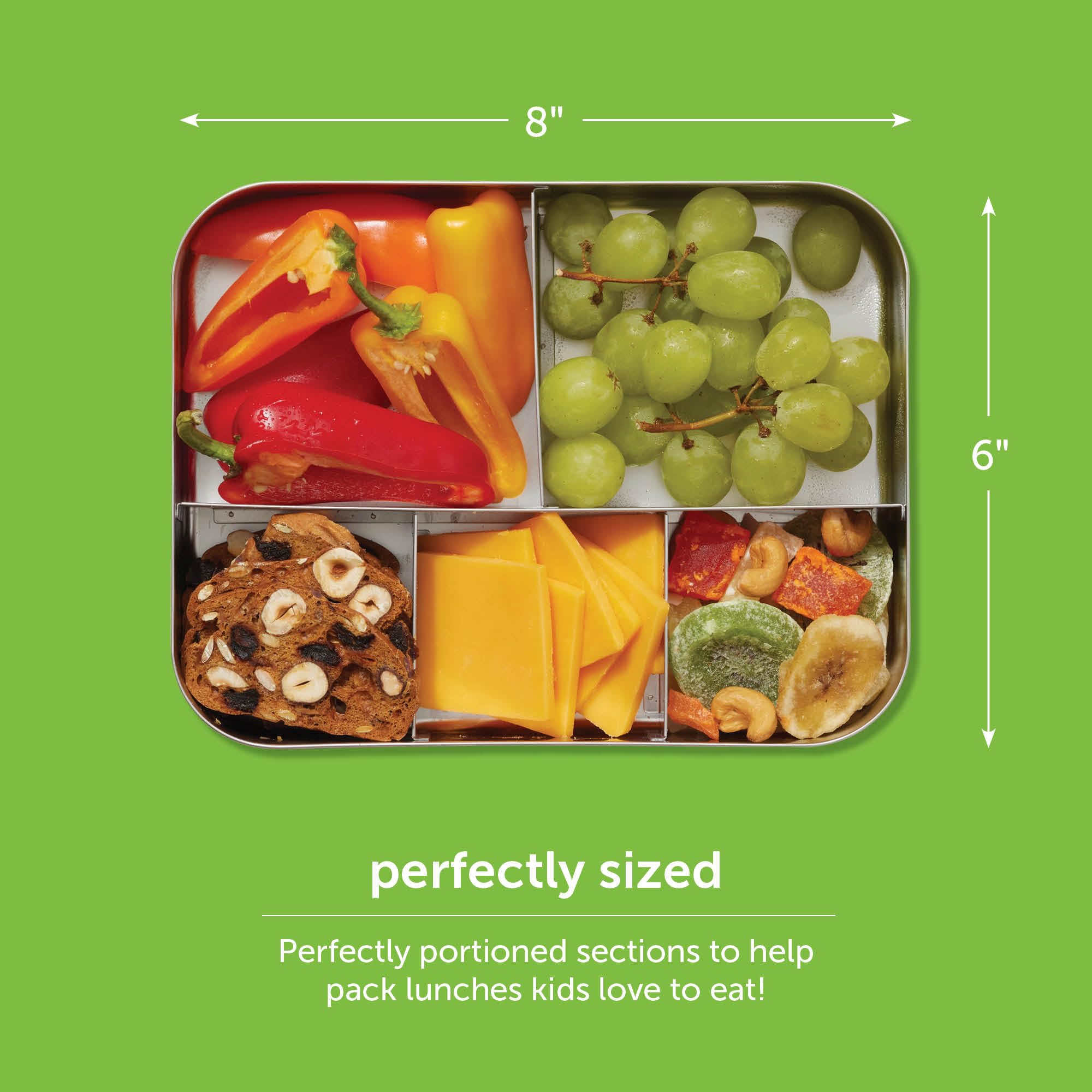 LunchBots Cinco compartiments remplis présentant repas variés bien séparés