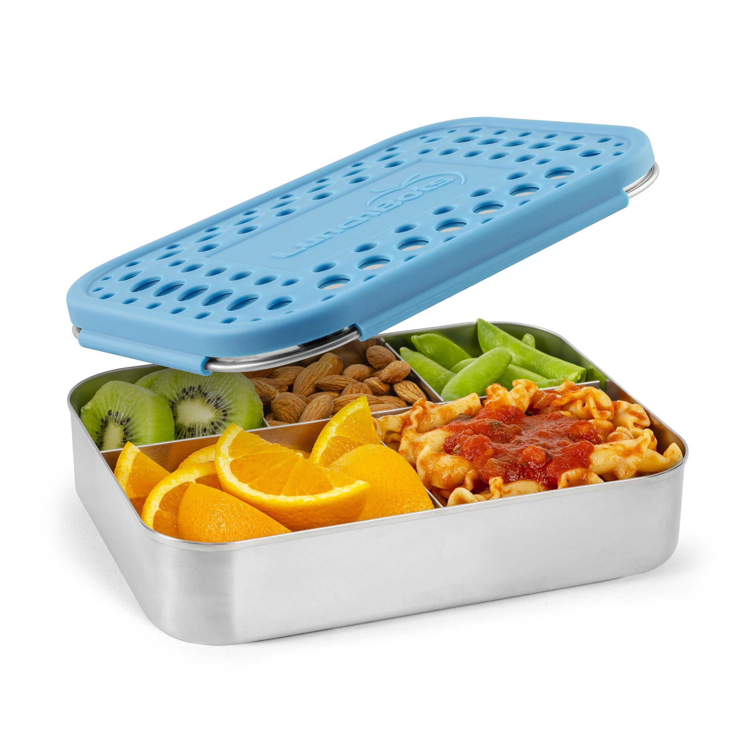 LunchBots Cinco face aqua montrant boîte durable et design coloré