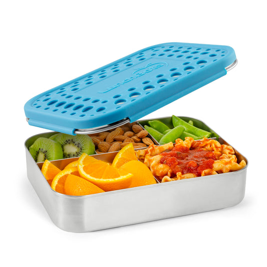 LunchBots Cinco face aqua montrant boîte durable et design coloré