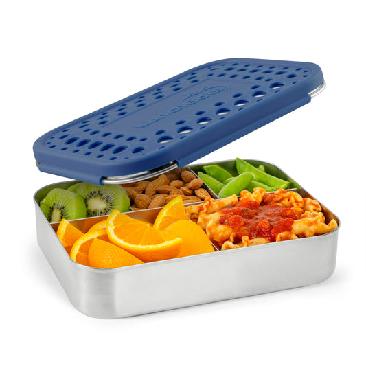 LunchBots boîte ouverte bleu montrant 5 compartiments pour organiser repas