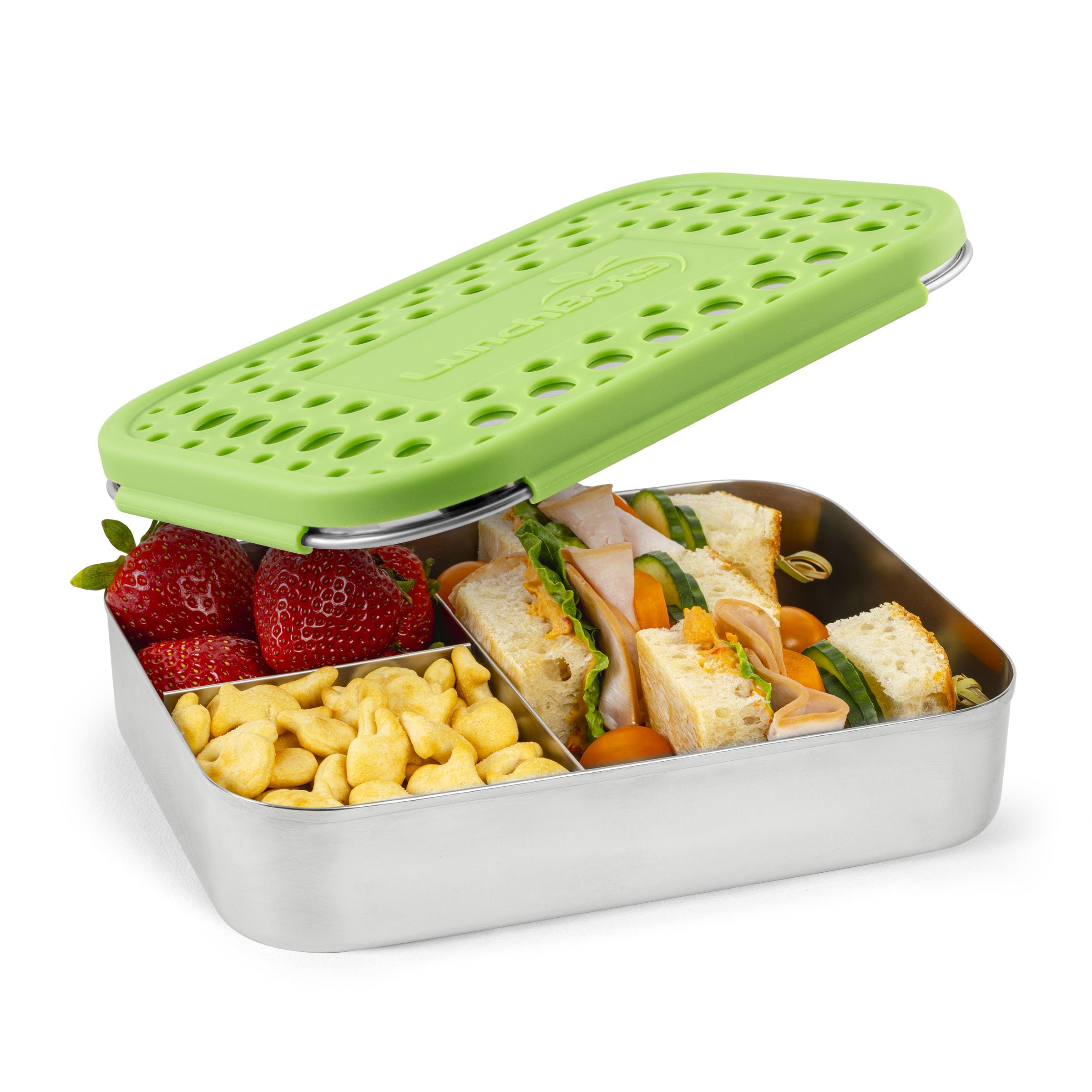 LunchBots vue avant montrant design robuste et couvercle coloré pour transport sûr