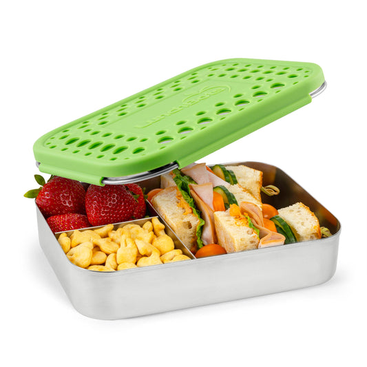 LunchBots vue avant montrant design robuste et couvercle coloré pour transport sûr