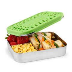 LunchBots vue avant montrant design robuste et couvercle coloré pour transport sûr