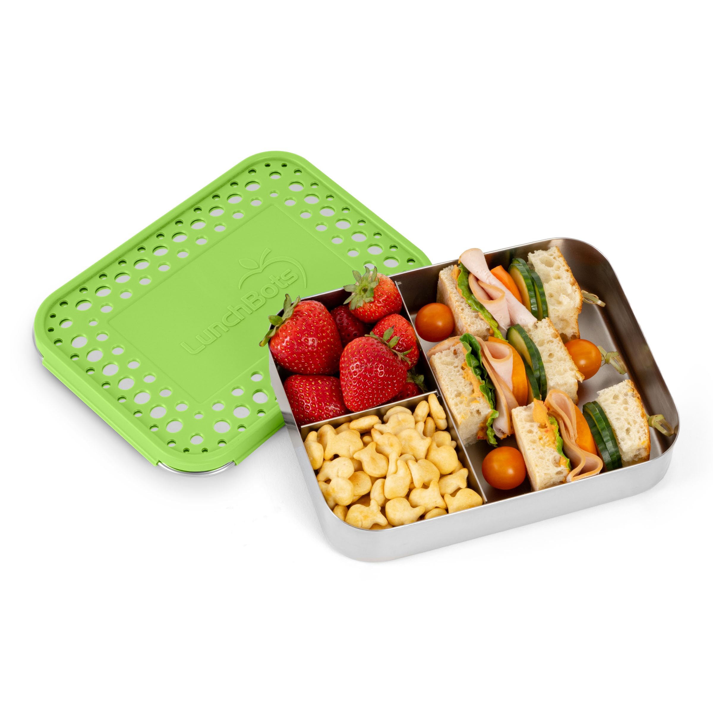 LunchBots boîte ouverte révélant trois compartiments pour repas séparés et pratiques