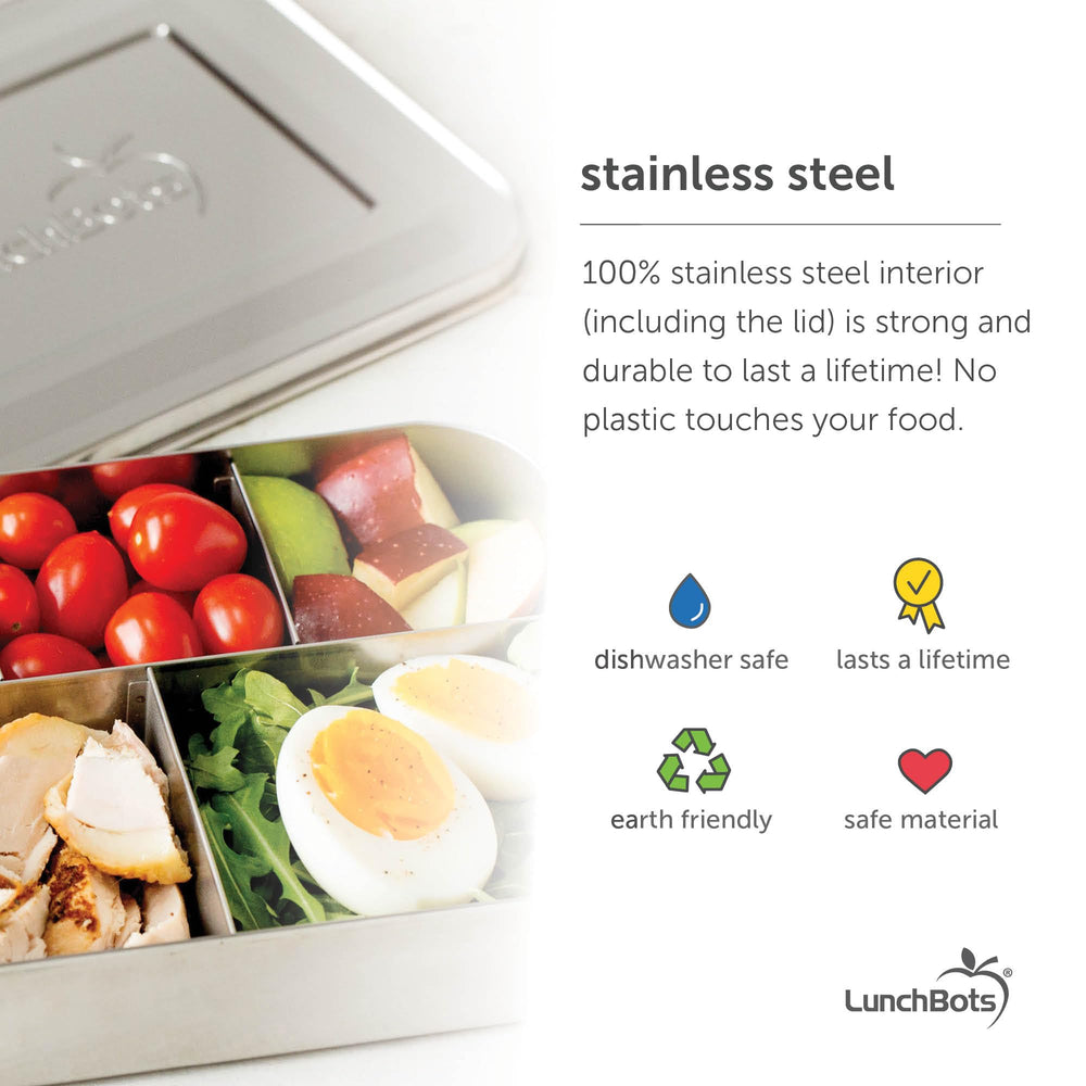 LunchBots boîte trio remplie d'aliments secs, présentation qui incite à manger