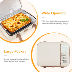 LUNCIA sac présenté avec deux casseroles à l'intérieur illustrant capacité multi-niveaux et organisation