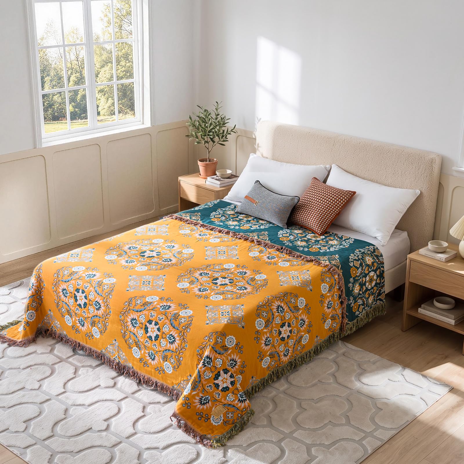 LUTBM plaid drapé sur canapé jaune ajoutant couleur et confort