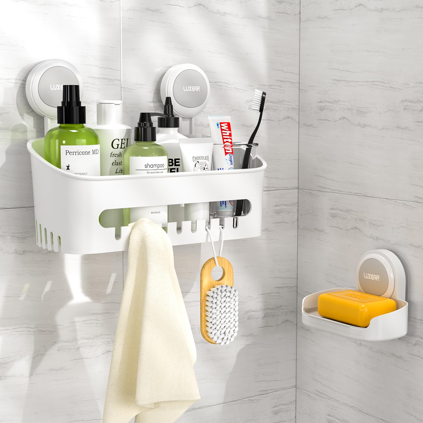 LUXEAR panier de douche face avant montrant rangement organisé