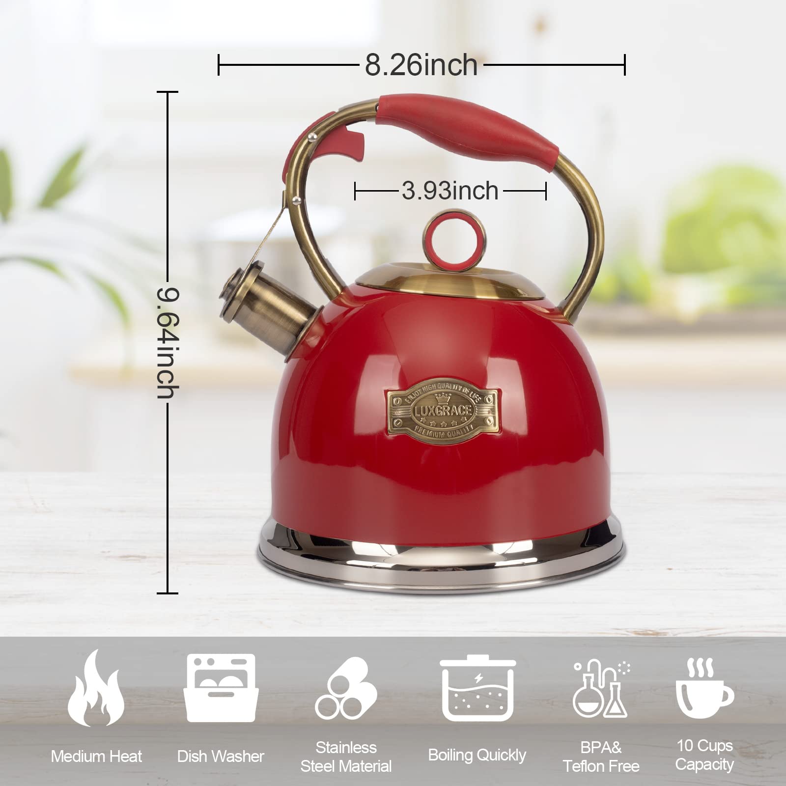 LUXGRACE bouilloire à côté d’objets pour comparer la capacité 3,0 qt