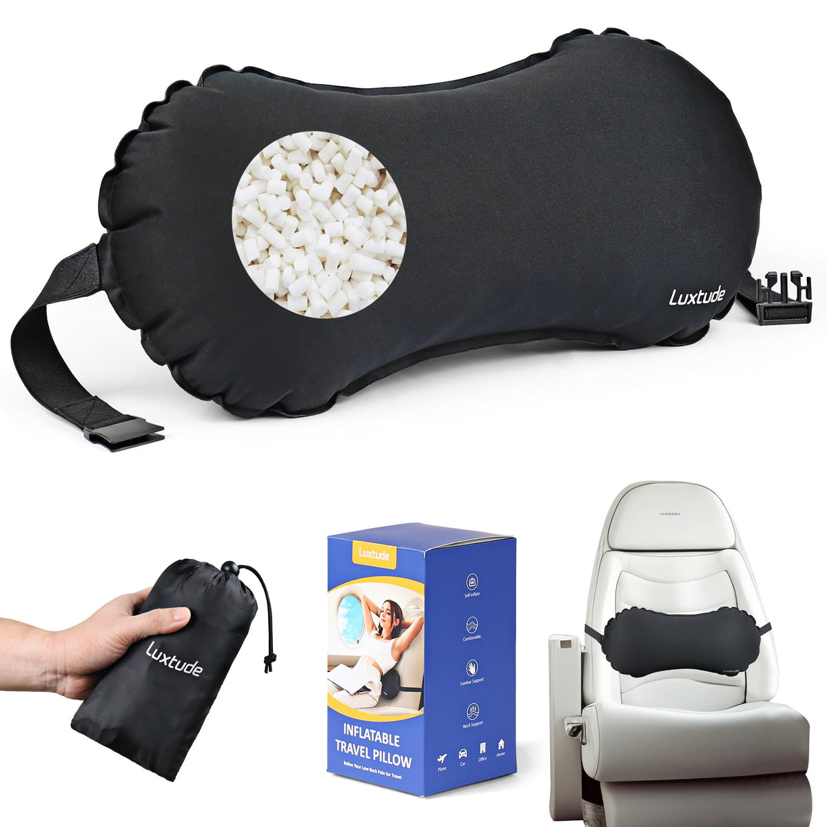 Luxtude vue avant du coussin lombaire et emballage, confortable en voyage