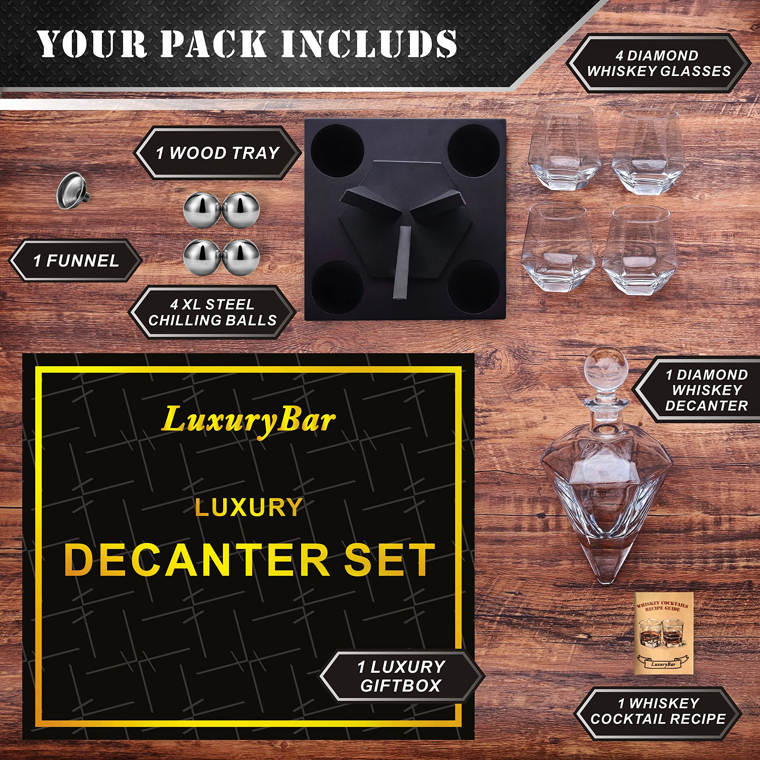 LuxuryBar gros plan sur les facettes de la carafe, finition lumineuse et premium