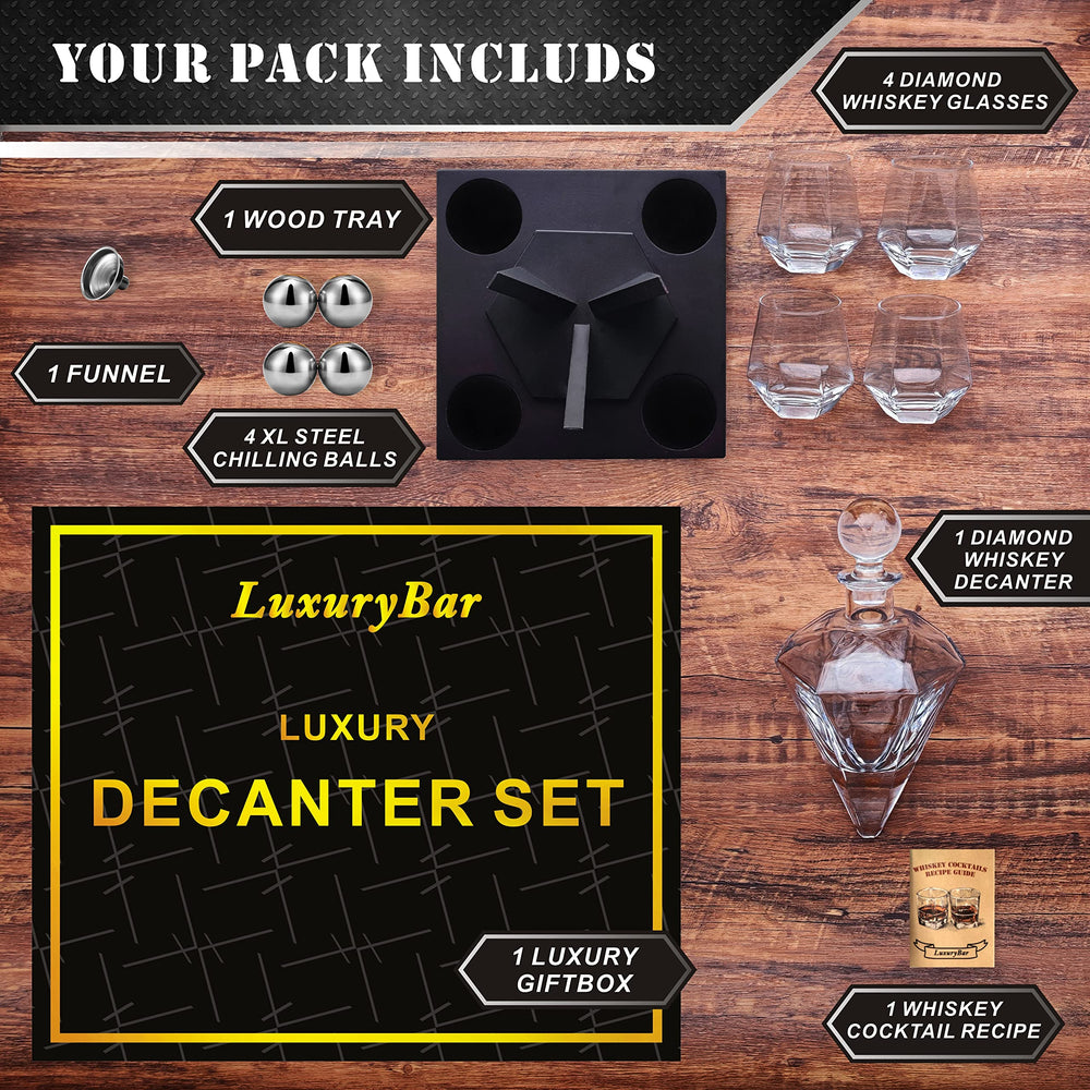 LuxuryBar gros plan sur les facettes de la carafe, finition lumineuse et premium